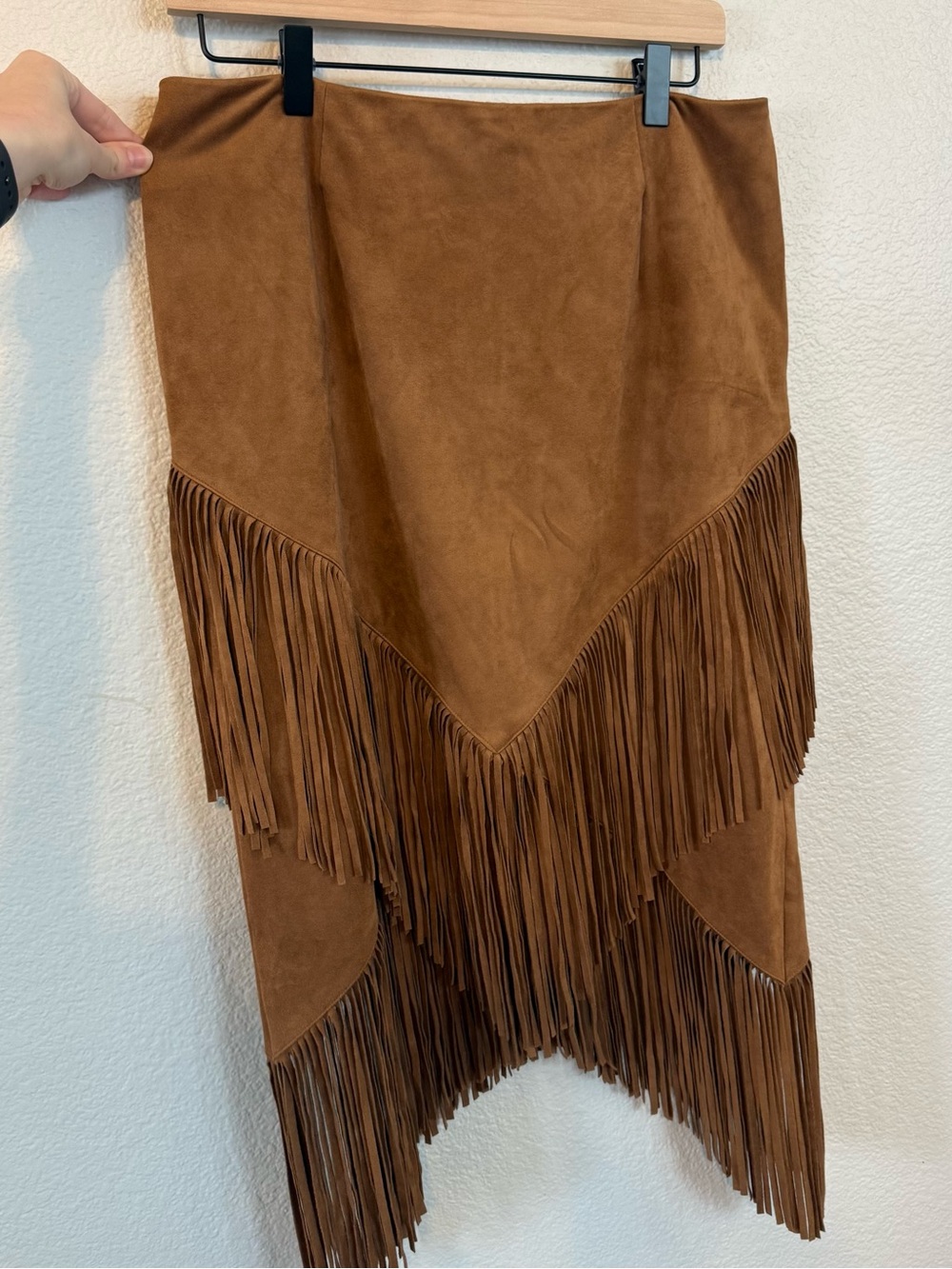 Brown Suede Fringe Midi Skirt